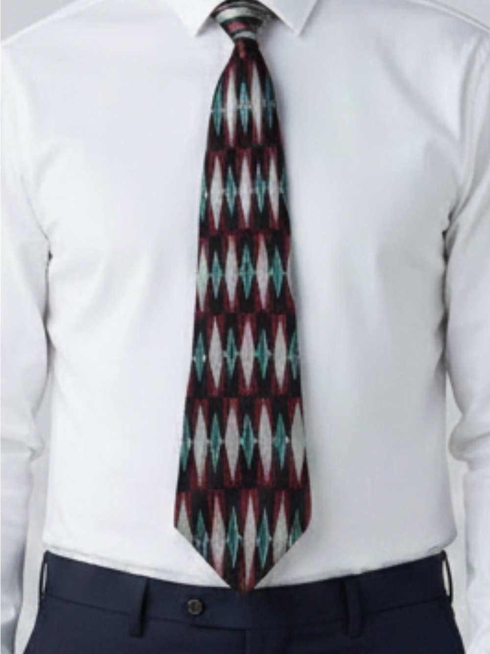 Oscar de la Renta Burgundy and Teal Geometric Silk Tie
